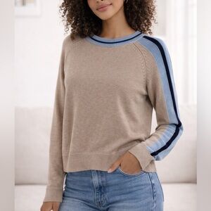 Sail to Sable Tan Knit Sweater with Blue Stripe Sleeves – Size Large